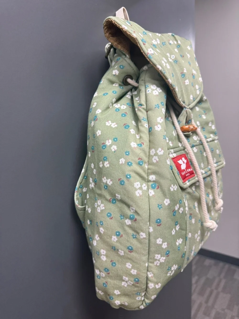 Taalum Olive Floral Canvas Drawstring Backpack